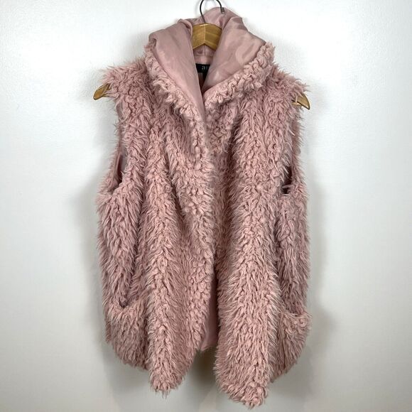 A.N.A. Womens Pink Faux Sheep Fur Hooded Jacket Vest Pockets Cozycore Large Coat - Picture 5 of 16
